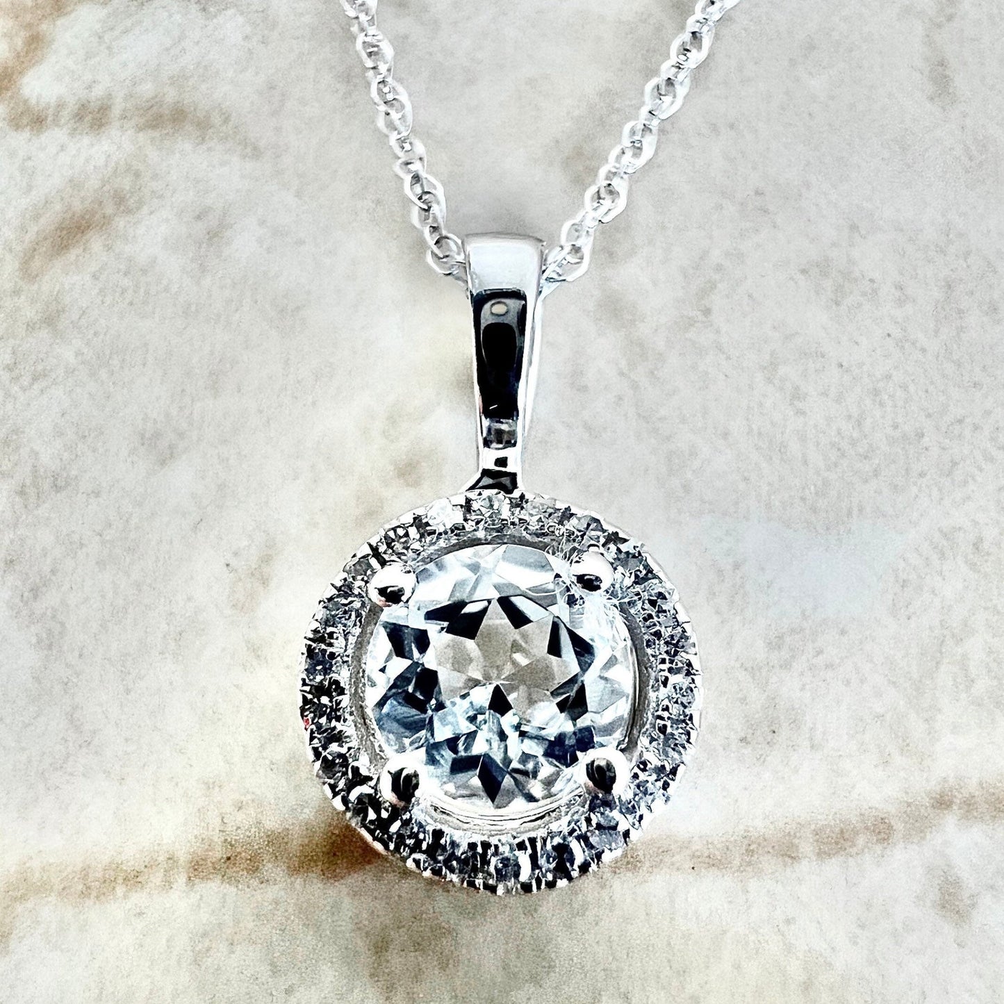 14 Karat White Gold April Birthstone Round White Topaz & Diamond Halo Pendant Necklace - WeilJewelry