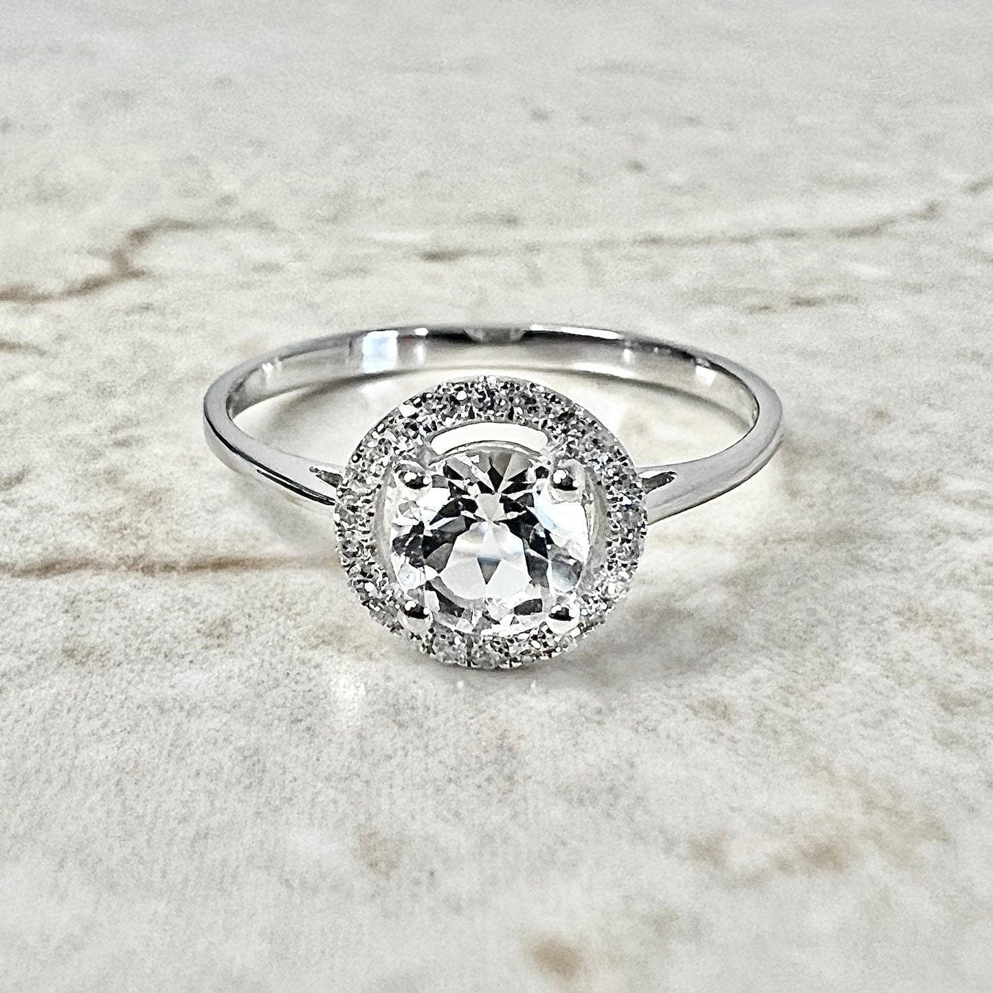 14K Round White Topaz Halo Ring - White Gold White Topaz Ring - Diamond Halo Ring - Topaz Promise Ring - November Birthstone - Birthday Gift