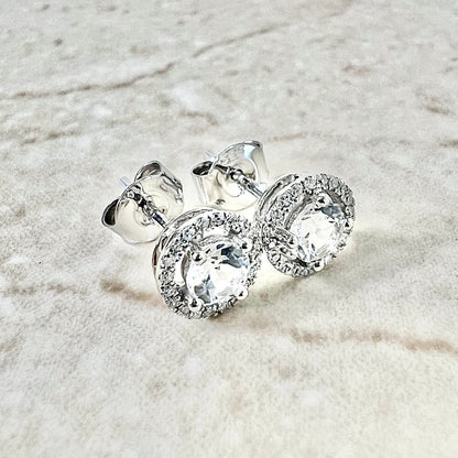 14 Karat White Gold April Birthstone Round White Topaz & Diamond Halo Stud Earrings - WeilJewelry