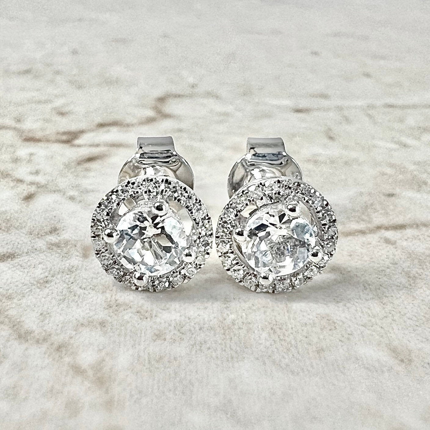 14K Round White Topaz Halo Stud Earrings - White Gold Topaz Studs - White Topaz Earrings - Topaz Halo Earrings - November Birthstone Gifts