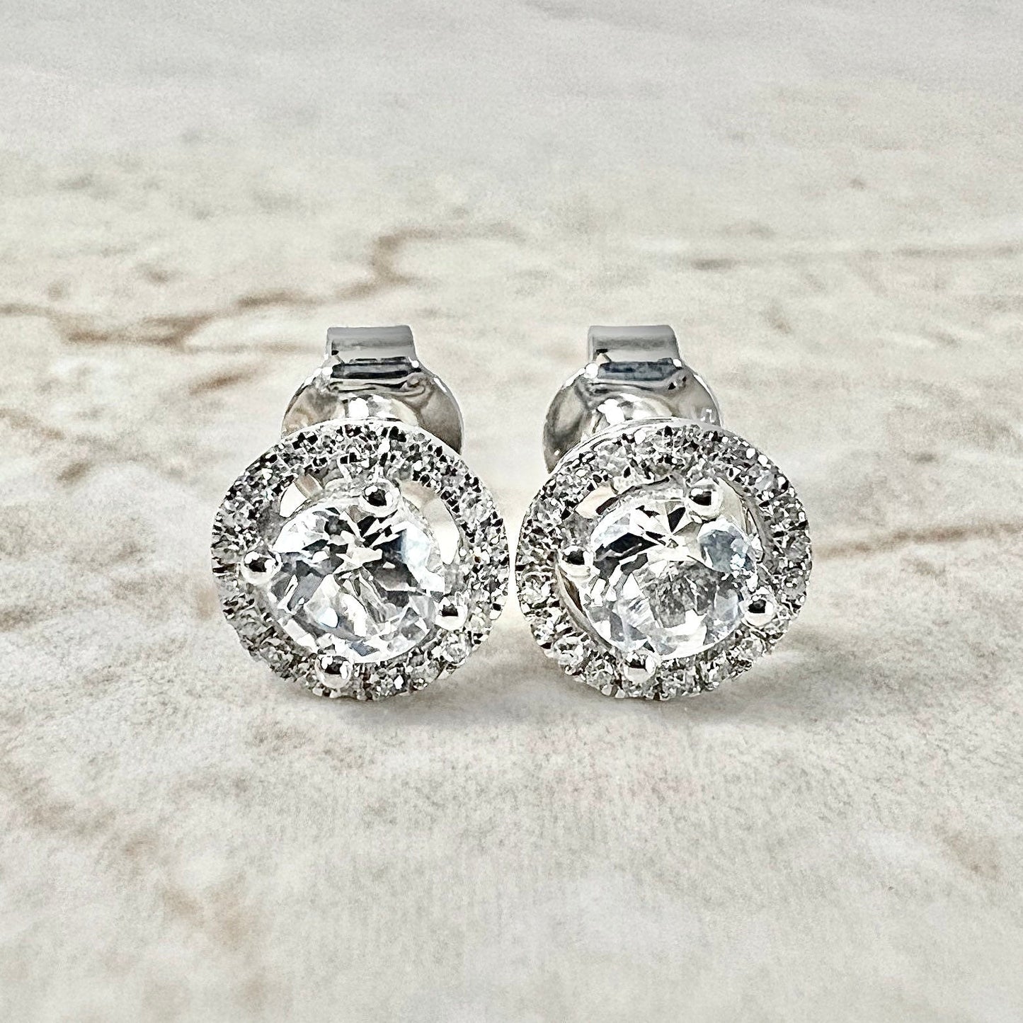 14 Karat White Gold April Birthstone Round White Topaz & Diamond Halo Stud Earrings - WeilJewelry