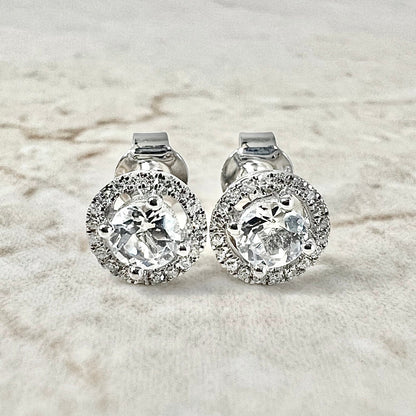 14K Round White Topaz Halo Stud Earrings - White Gold Topaz Studs - White Topaz Earrings - Topaz Halo Earrings - November Birthstone Gifts