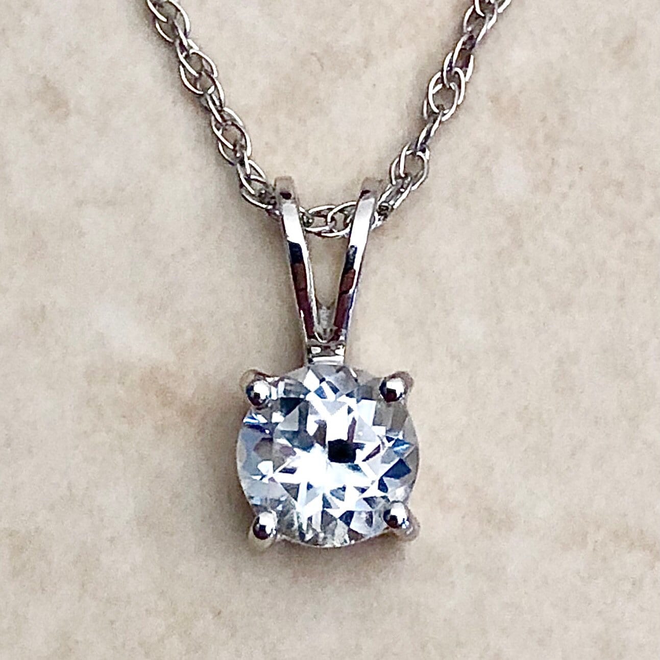 14 Karat White Gold April Birthstone Round White Topaz Solitaire Pendant Necklace - WeilJewelry