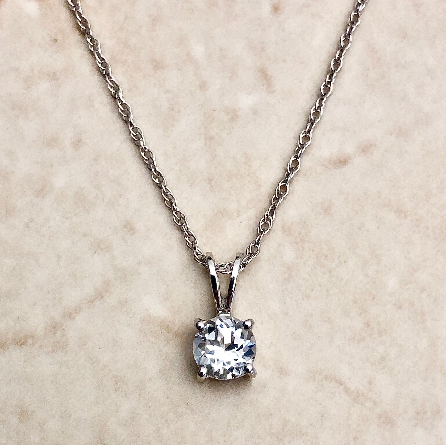 14 Karat White Gold April Birthstone Round White Topaz Solitaire Pendant Necklace - WeilJewelry