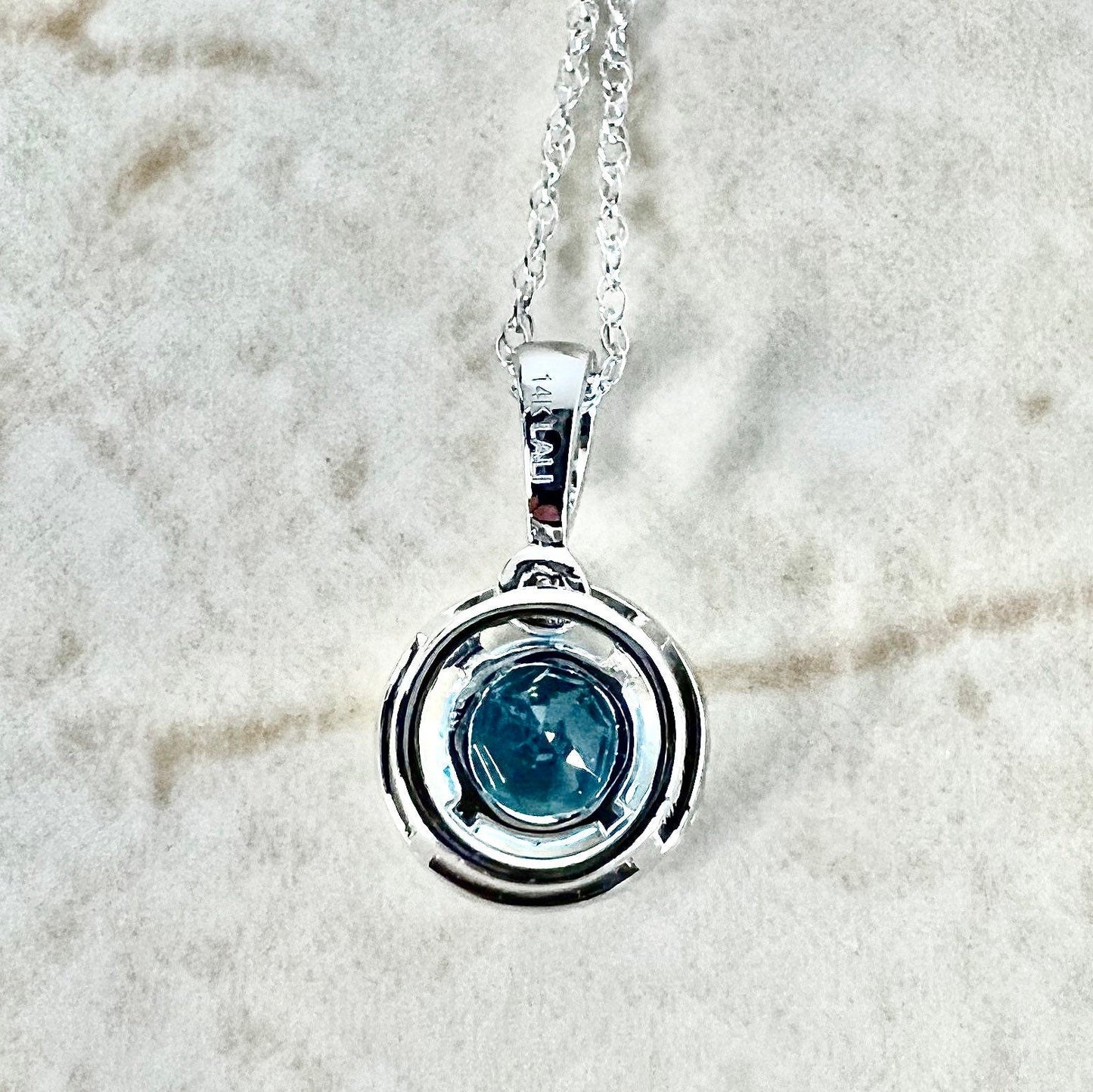 14K Round Blue Topaz Halo Pendant Necklace - White Gold Blue Topaz Necklace - Blue Topaz Halo Necklace - Blue Topaz Pendant -Birthstone Gift