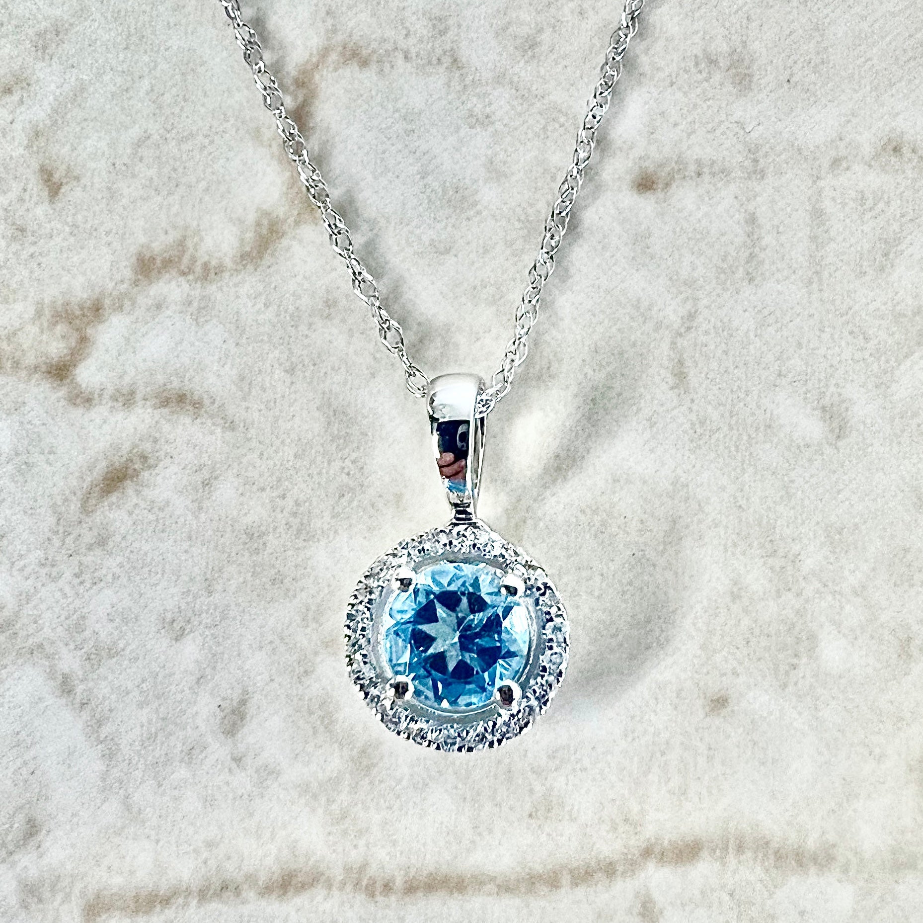 14 Karat White Gold Blue Topaz Birthstone Round Blue Topaz & Diamond Halo Pendant Necklace - WeilJewelry