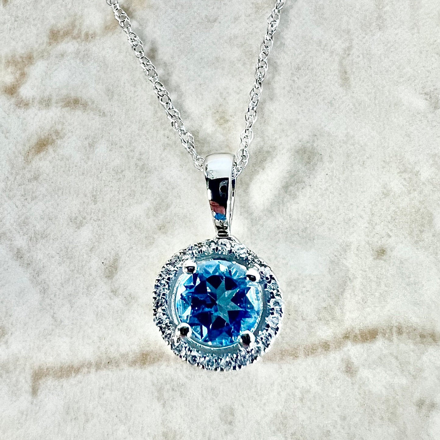 14K Round Blue Topaz Halo Pendant Necklace - White Gold Blue Topaz Necklace - Blue Topaz Halo Necklace - Blue Topaz Pendant -Birthstone Gift