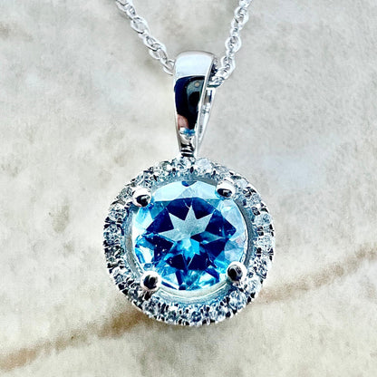 14K Round Blue Topaz Halo Pendant Necklace - White Gold Blue Topaz Necklace - Blue Topaz Halo Necklace - Blue Topaz Pendant -Birthstone Gift