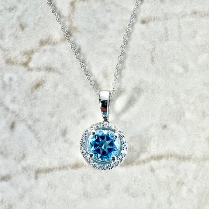 14 Karat White Gold Blue Topaz Birthstone Round Blue Topaz & Diamond Halo Pendant Necklace - WeilJewelry