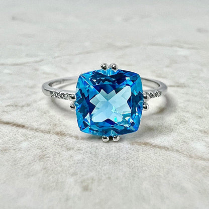 14 Karat White Gold Cushion Cut Swiss Blue Topaz & Diamond Ring - WeilJewelry