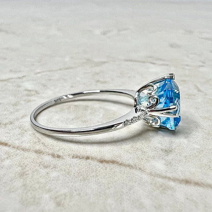 14 Karat White Gold Cushion Cut Swiss Blue Topaz & Diamond Ring - WeilJewelry