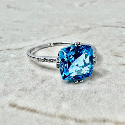 14 Karat White Gold Cushion Cut Swiss Blue Topaz & Diamond Ring - WeilJewelry