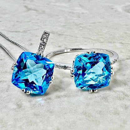 14K Swiss Blue Topaz & Diamond Ring Pendant Necklace Set - White Gold Blue Topaz Jewelry Set - November December Birthstone - Birthday Gift