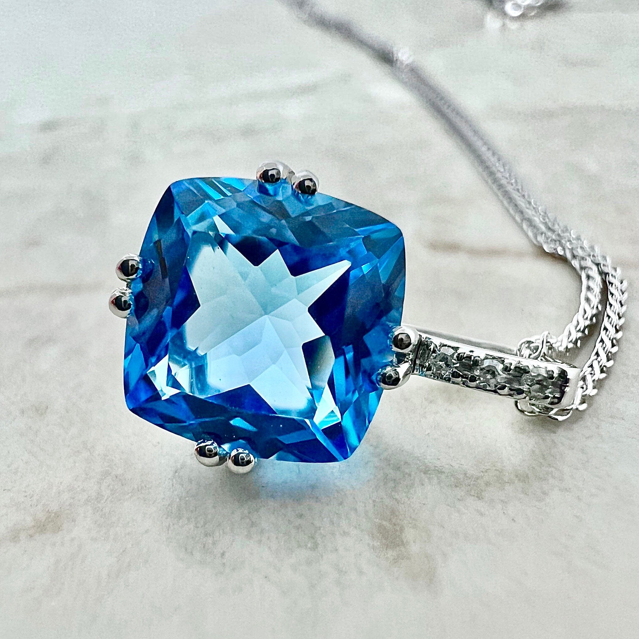Large 14K Swiss Blue Topaz & Diamond Pendant Necklace - White Gold Topaz  Pendant | eBay