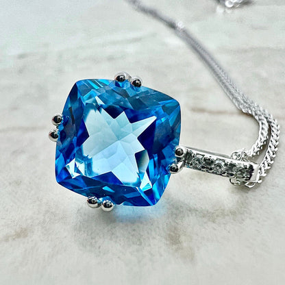 Large 14K Swiss Blue Topaz & Diamond Pendant Necklace - White Gold Topaz Pendant - November December Birthstone - Birthday Gift For Her