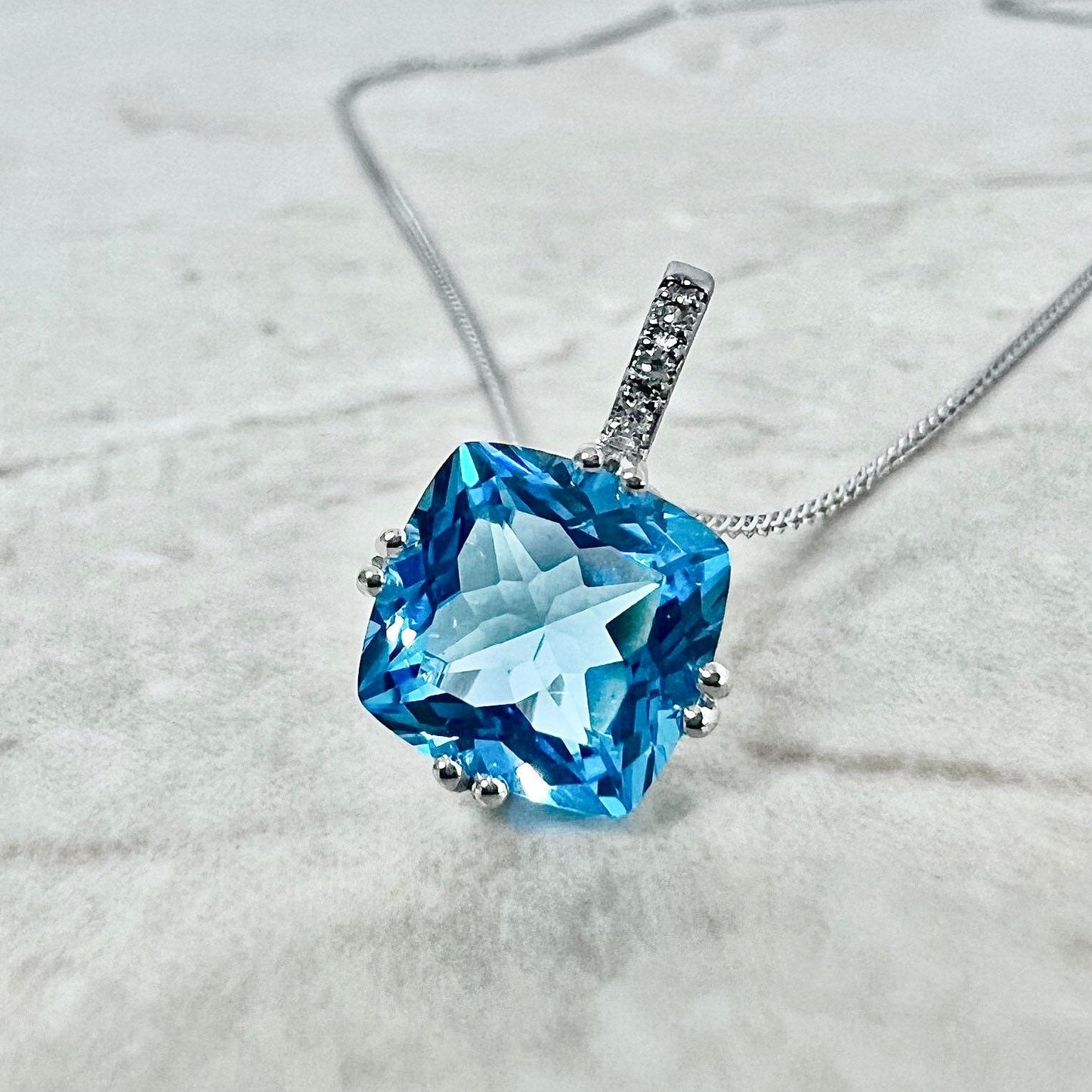 Large 14K Swiss Blue Topaz & Diamond Pendant Necklace - White Gold Topaz Pendant - November December Birthstone - Birthday Gift For Her