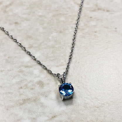 14K Round Blue Topaz Pendant Necklace - White Gold Blue Topaz Pendant - November December Birthstone - Genuine Gemstone - Birthday Gift