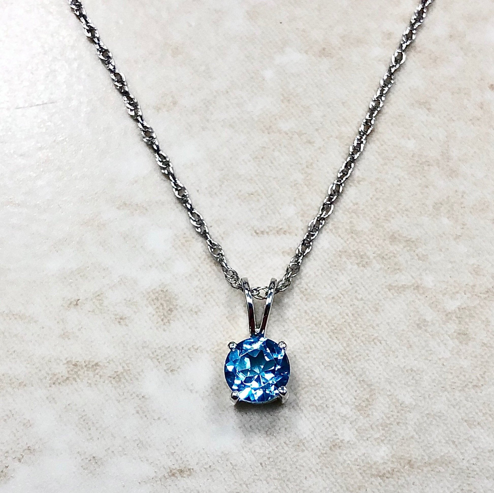 14K Round Blue Topaz Pendant Necklace - White Gold Blue Topaz Pendant - November December Birthstone - Genuine Gemstone - Birthday Gift
