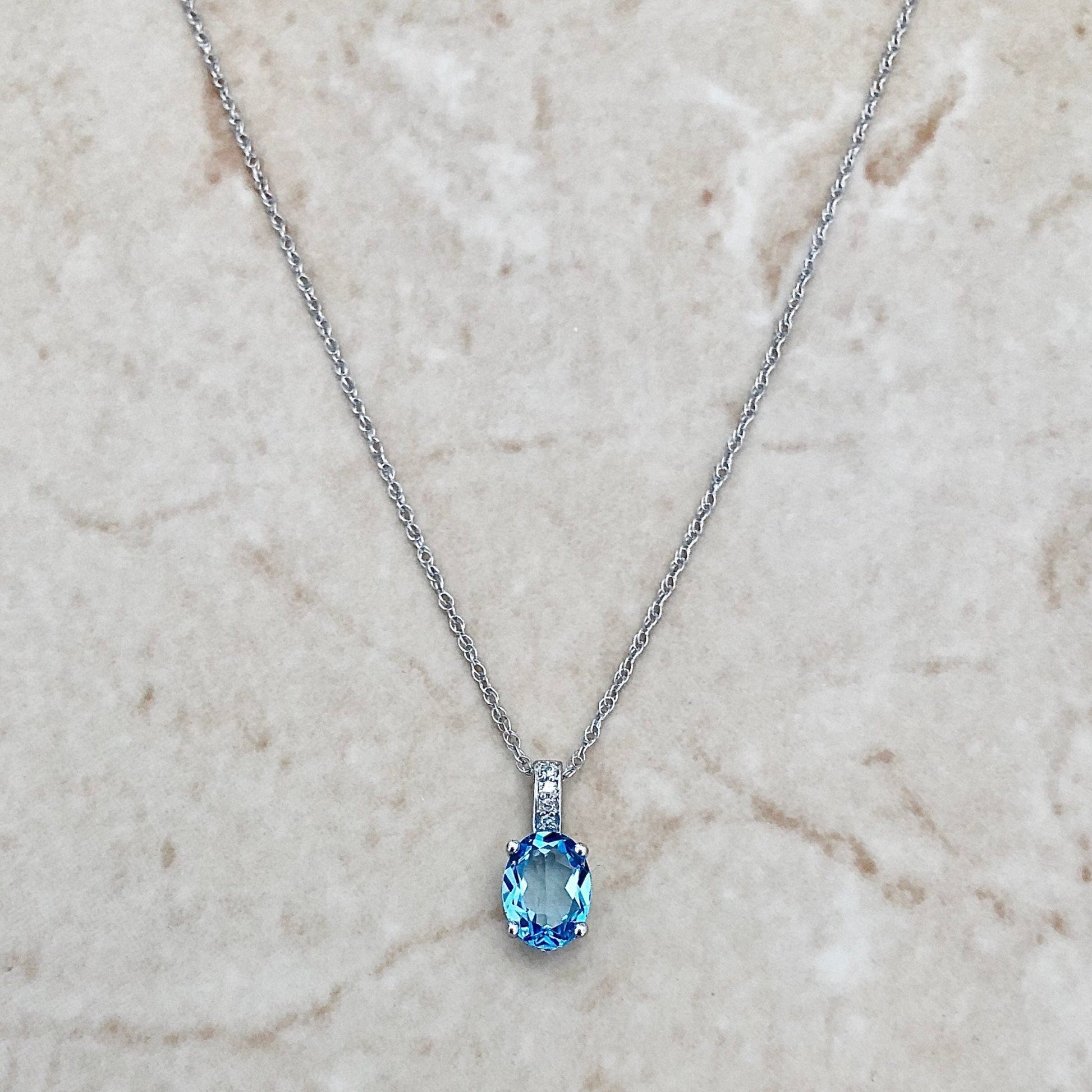 14K Oval Swiss Blue Topaz & Diamond Pendant Necklace - White Gold Topaz Pendant - Genuine November December Birthstone - Birthday Gift