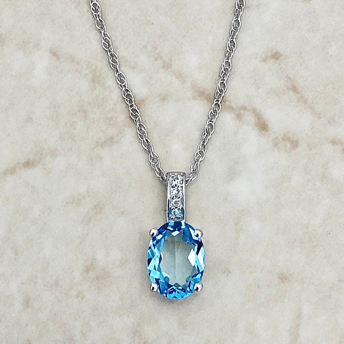 14K Oval Swiss Blue Topaz & Diamond Pendant Necklace - White Gold Topaz Pendant - Genuine November December Birthstone - Birthday Gift