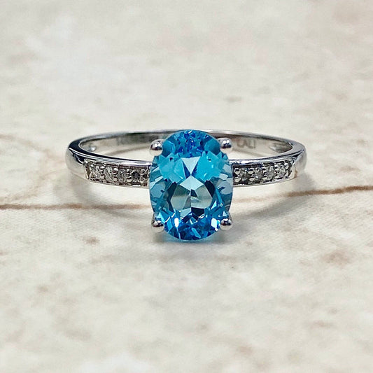 14K Oval Blue Topaz & Diamond Ring - White Gold Blue Topaz Solitaire Ring - November/December Birthstone - Birthday Gift - Best Gift For Her