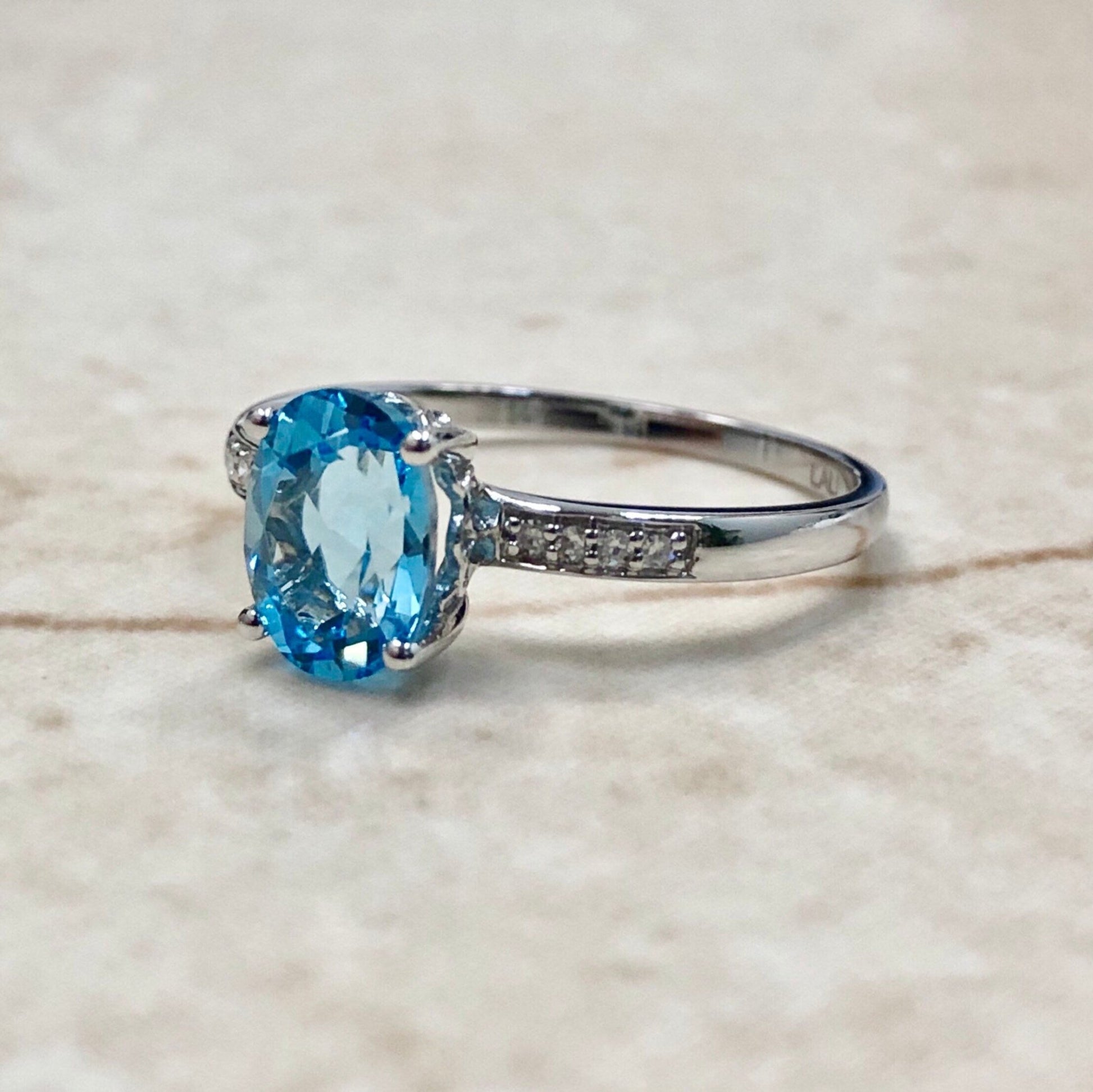 14K Oval Blue Topaz & Diamond Ring - White Gold Blue Topaz Solitaire Ring - November/December Birthstone - Birthday Gift - Best Gift For Her