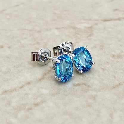 14K Oval Blue Topaz Stud Earrings - White Gold Blue Topaz Earrings - November December Birthstone - Genuine Gemstone - Birthday Gift For Her