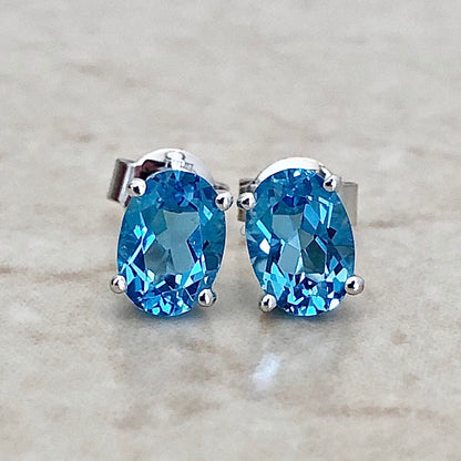 14K Oval Blue Topaz Stud Earrings - White Gold Blue Topaz Earrings - November December Birthstone - Genuine Gemstone - Birthday Gift For Her