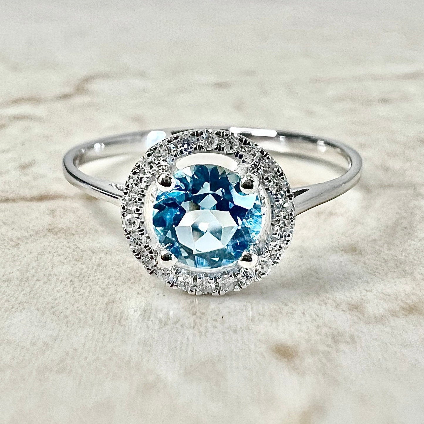 14K Round Blue Topaz Halo Ring - White Gold Blue Topaz Ring - Gemstone Halo Ring-Topaz Promise Ring-November Birthstone-December Birthstone