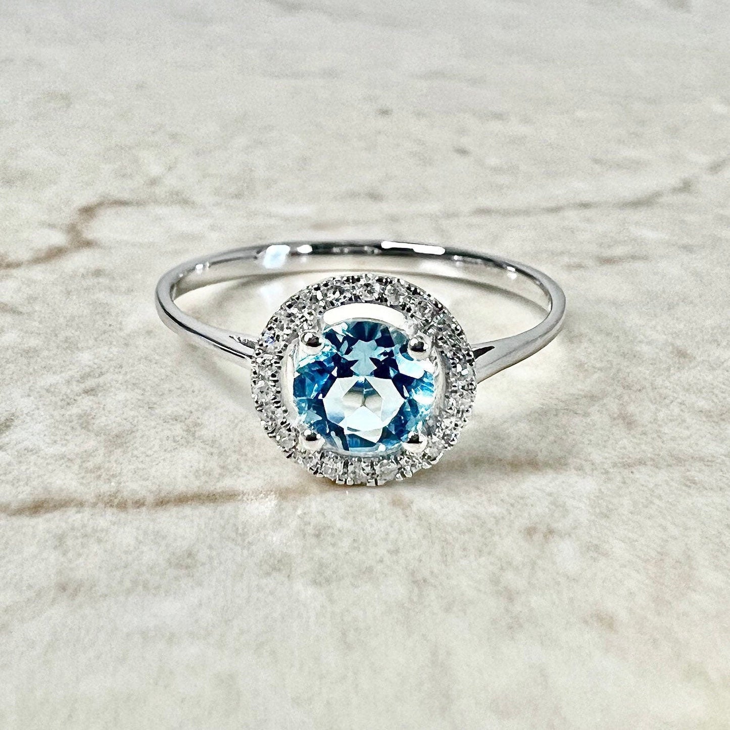 14K Round Blue Topaz Halo Ring - White Gold Blue Topaz Ring - Gemstone Halo Ring-Topaz Promise Ring-November Birthstone-December Birthstone