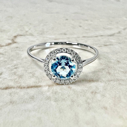 14K Round Blue Topaz Halo Ring - White Gold Blue Topaz Ring - Gemstone Halo Ring-Topaz Promise Ring-November Birthstone-December Birthstone