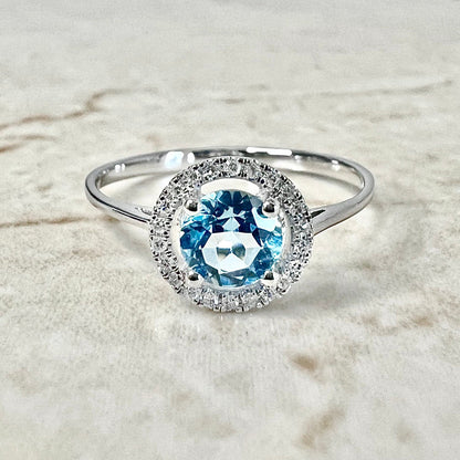 14 Karat White Gold December Birthstone Round Blue Topaz & Diamond Halo Ring - WeilJewelry