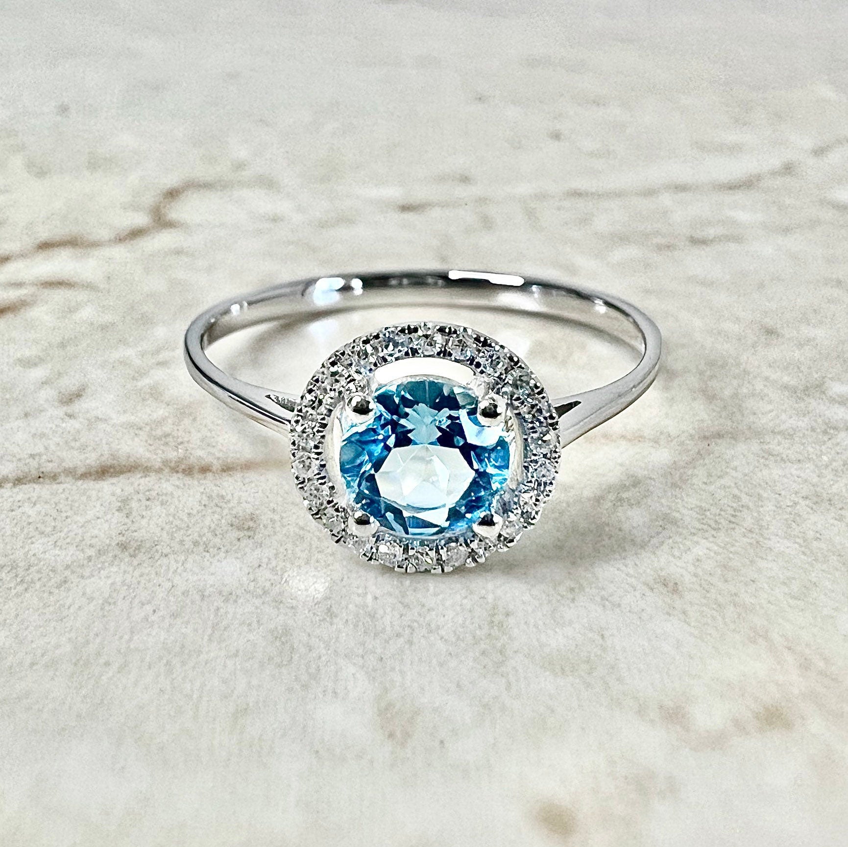 14K Round Blue Topaz Halo Ring - White Gold Blue Topaz Ring - Gemstone Halo Ring-Topaz Promise Ring-November Birthstone-December Birthstone