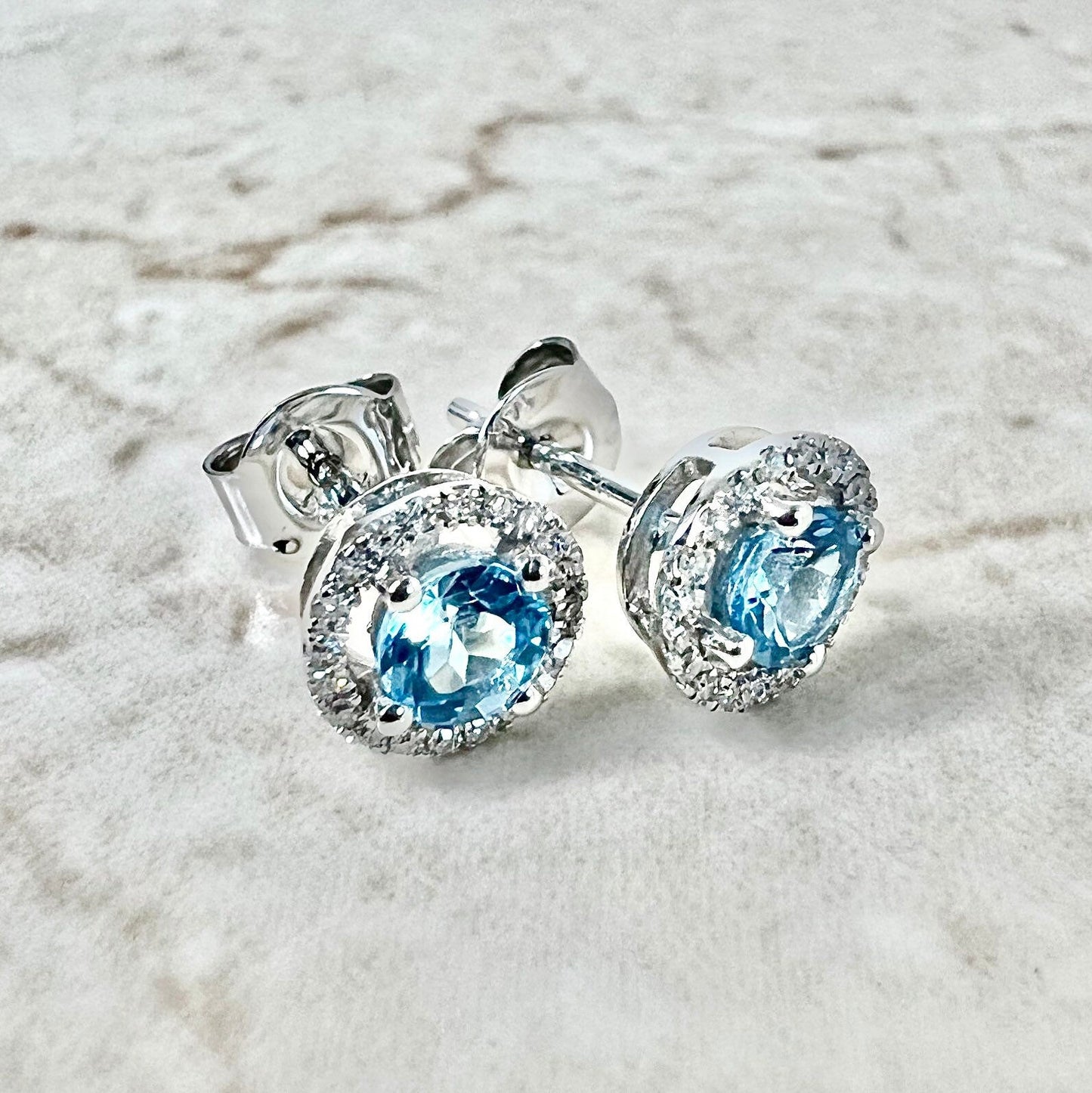 14K Round Blue Topaz Halo Stud Earrings - White Gold Blue Topaz Studs - Gold Blue Topaz Earrings - Blue Topaz Halo Earrings -Birthstone Gift