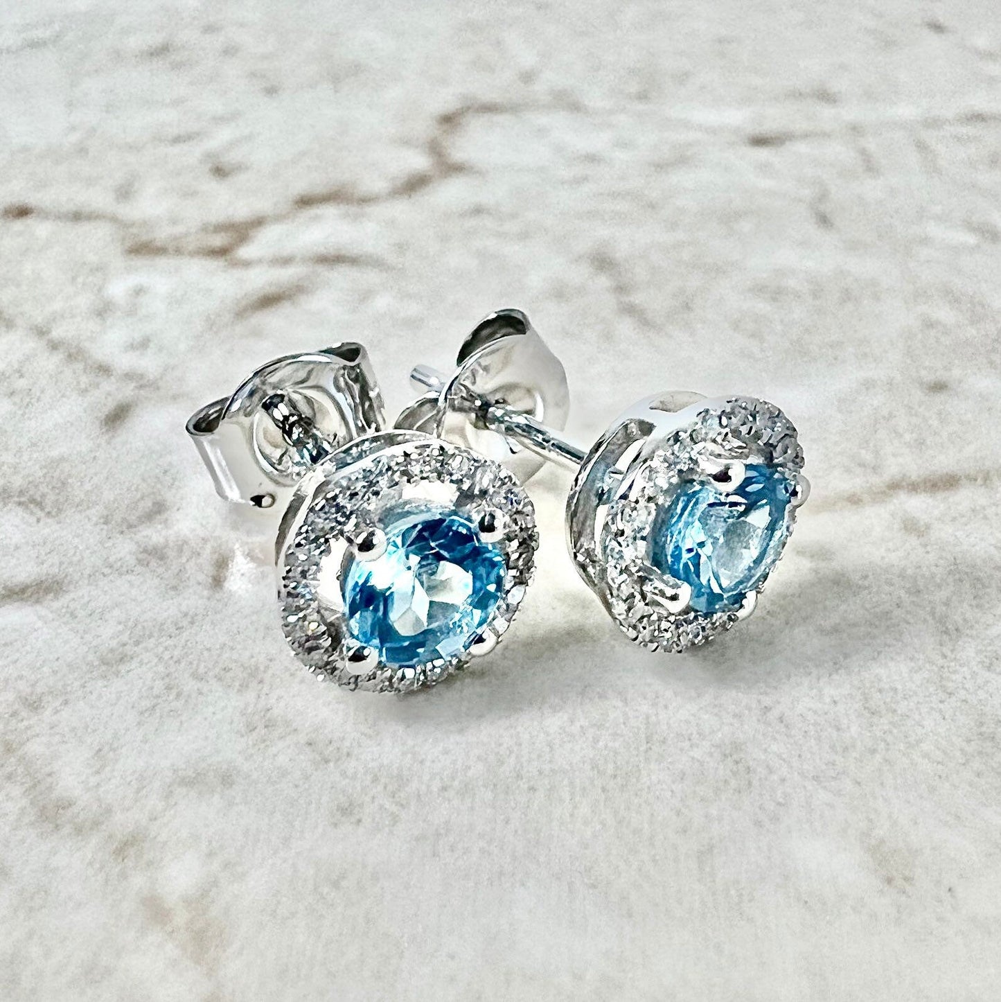 14 Karat White Gold December Birthstone Round Blue Topaz & Diamond Halo Stud Earrings - WeilJewelry