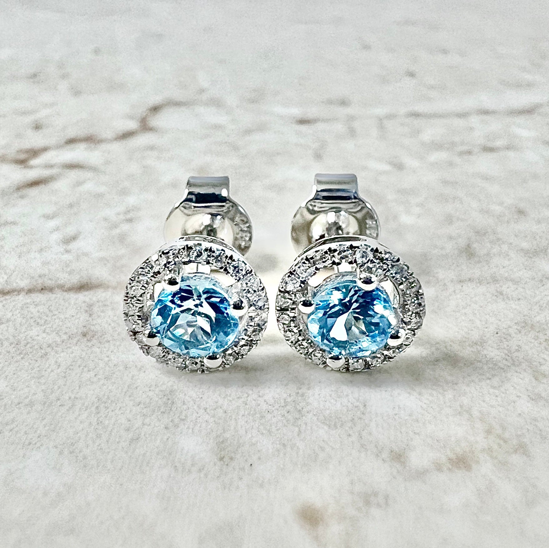 14 Karat White Gold December Birthstone Round Blue Topaz & Diamond Halo Stud Earrings - WeilJewelry