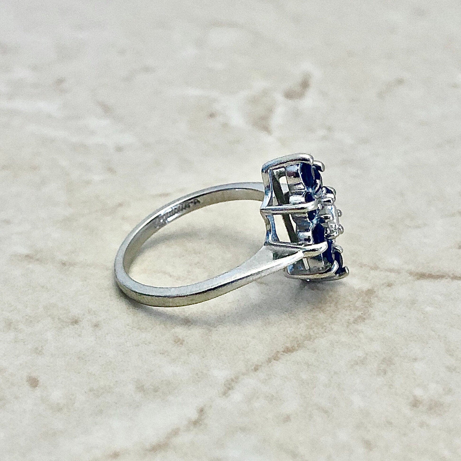 Fine Sapphire & Diamond Navette Ring - 14 Karat White Gold - Cocktail Ring - Sapphire Ring - April September Birthstone - Anniversary Ring