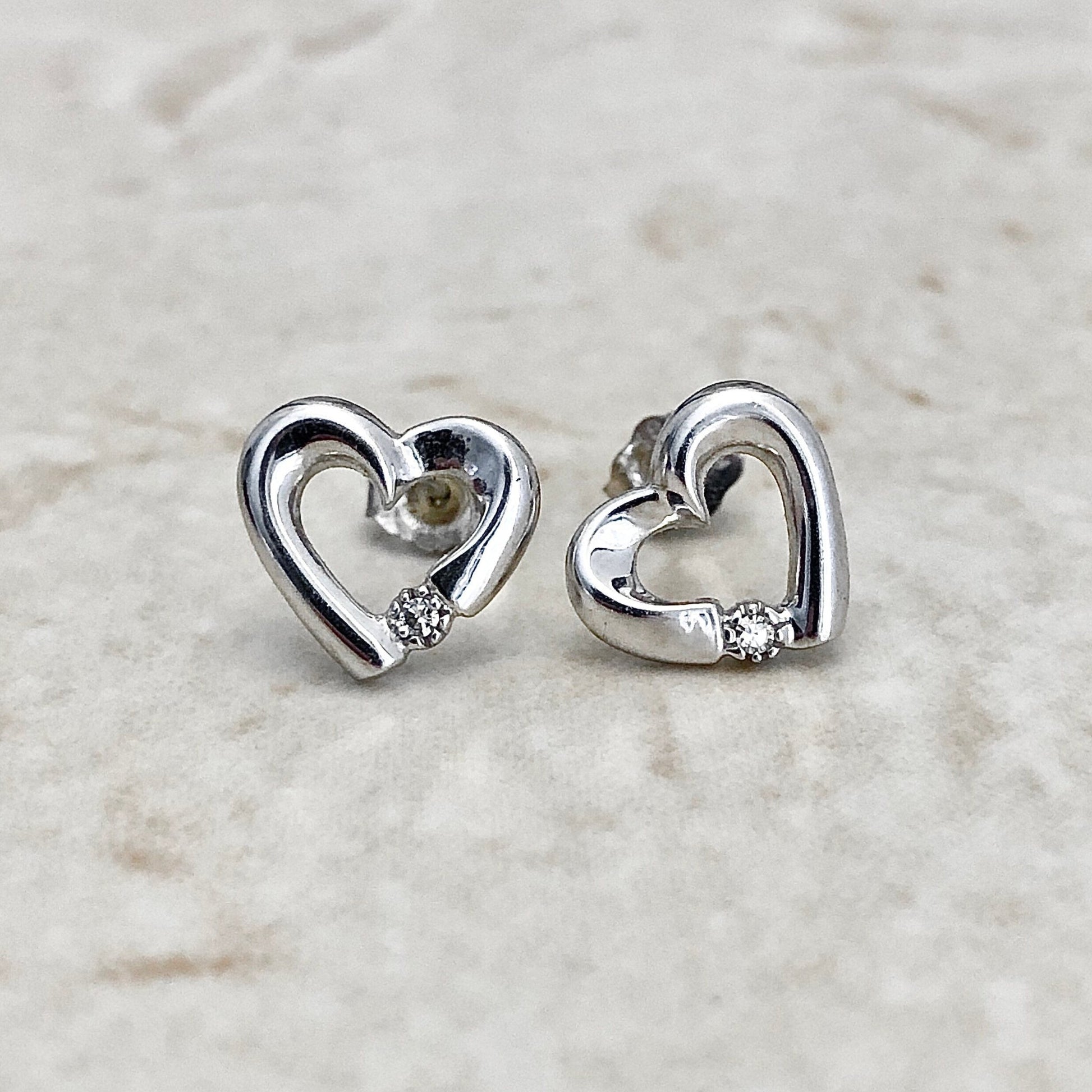 Diamond Heart Stud Earrings - 14 Karat White Gold - Diamond Studs - Love Jewelry - Birthday Gift