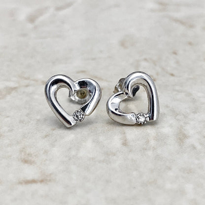 Diamond Heart Stud Earrings - 14 Karat White Gold - Diamond Studs - Love Jewelry - Birthday Gift