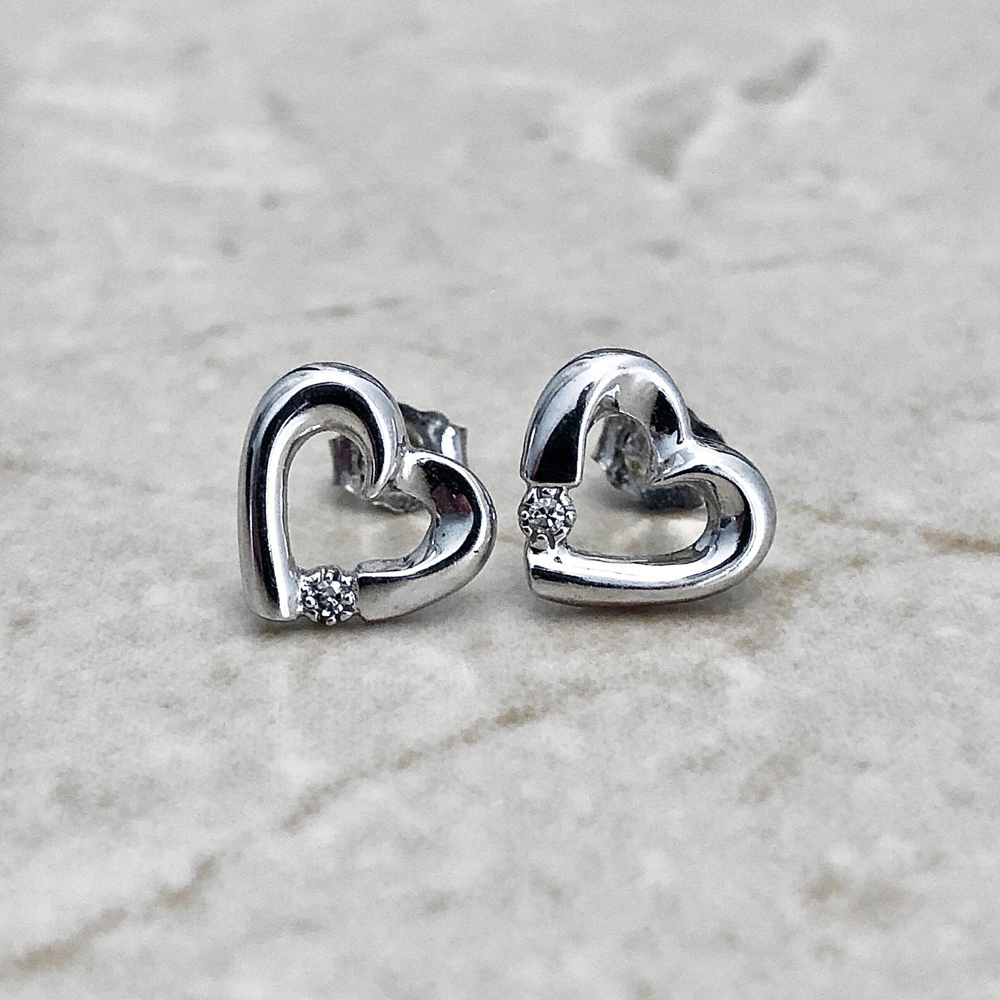 Diamond Heart Stud Earrings - 14 Karat White Gold - Diamond Studs - Love Jewelry - Birthday Gift