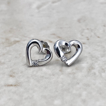 Diamond Heart Stud Earrings - 14 Karat White Gold - Diamond Studs - Love Jewelry - Birthday Gift