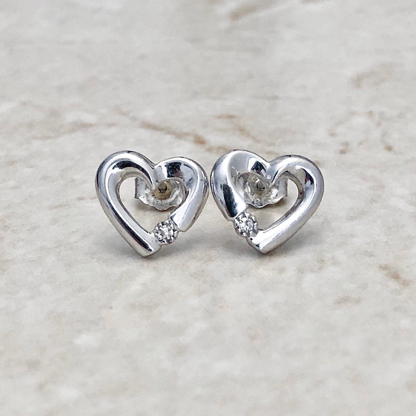 Diamond Heart Stud Earrings - 14 Karat White Gold - Diamond Studs - Love Jewelry - Birthday Gift