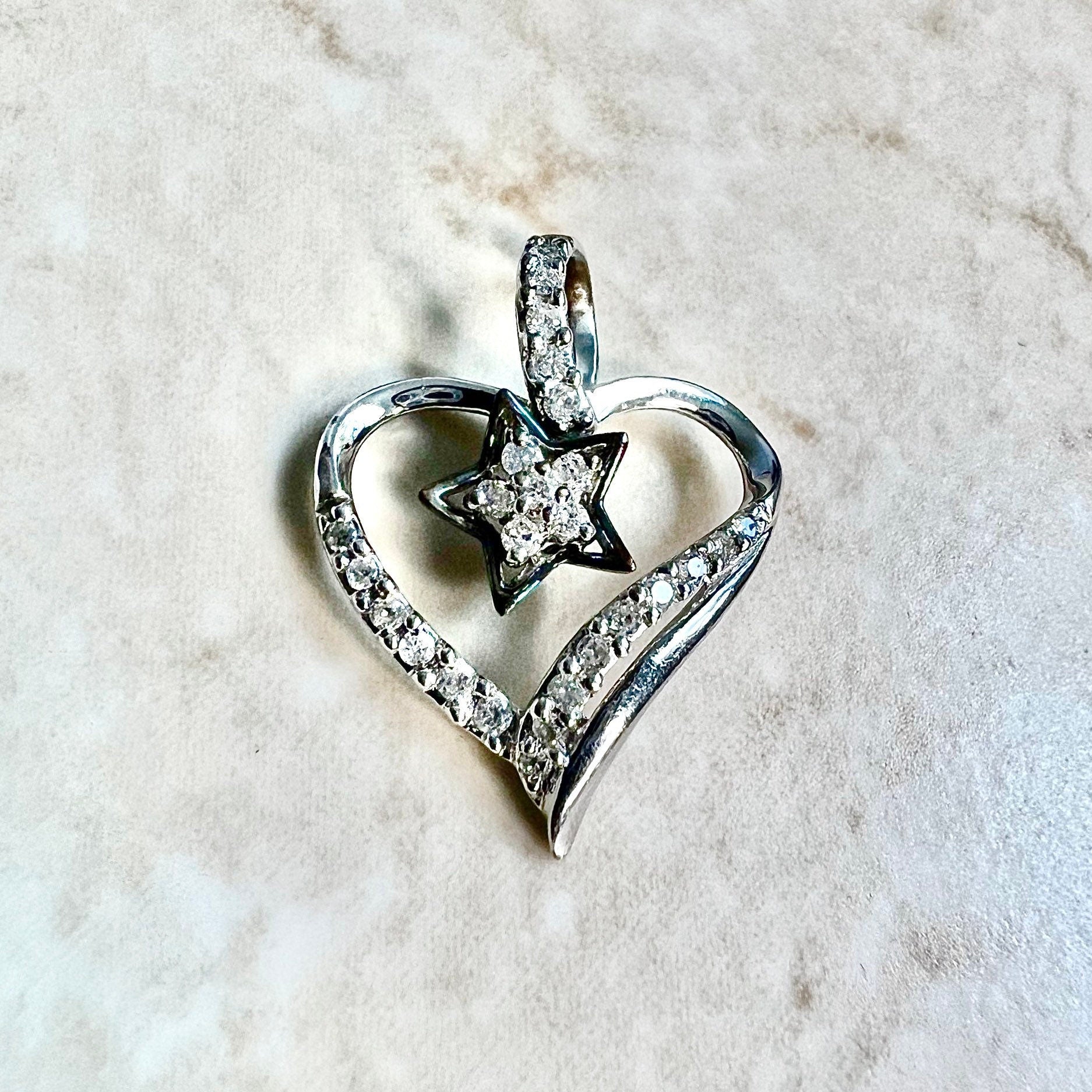 14K Diamond Heart Pendant Necklace - White Gold Diamond Pendant - Gold Heart Necklace - Diamond Star Pendant - Valentine’s Day Gifts For Her