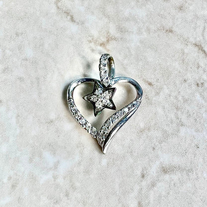 14K Diamond Heart Pendant Necklace - White Gold Diamond Pendant - Gold Heart Necklace - Diamond Star Pendant - Valentine’s Day Gifts For Her
