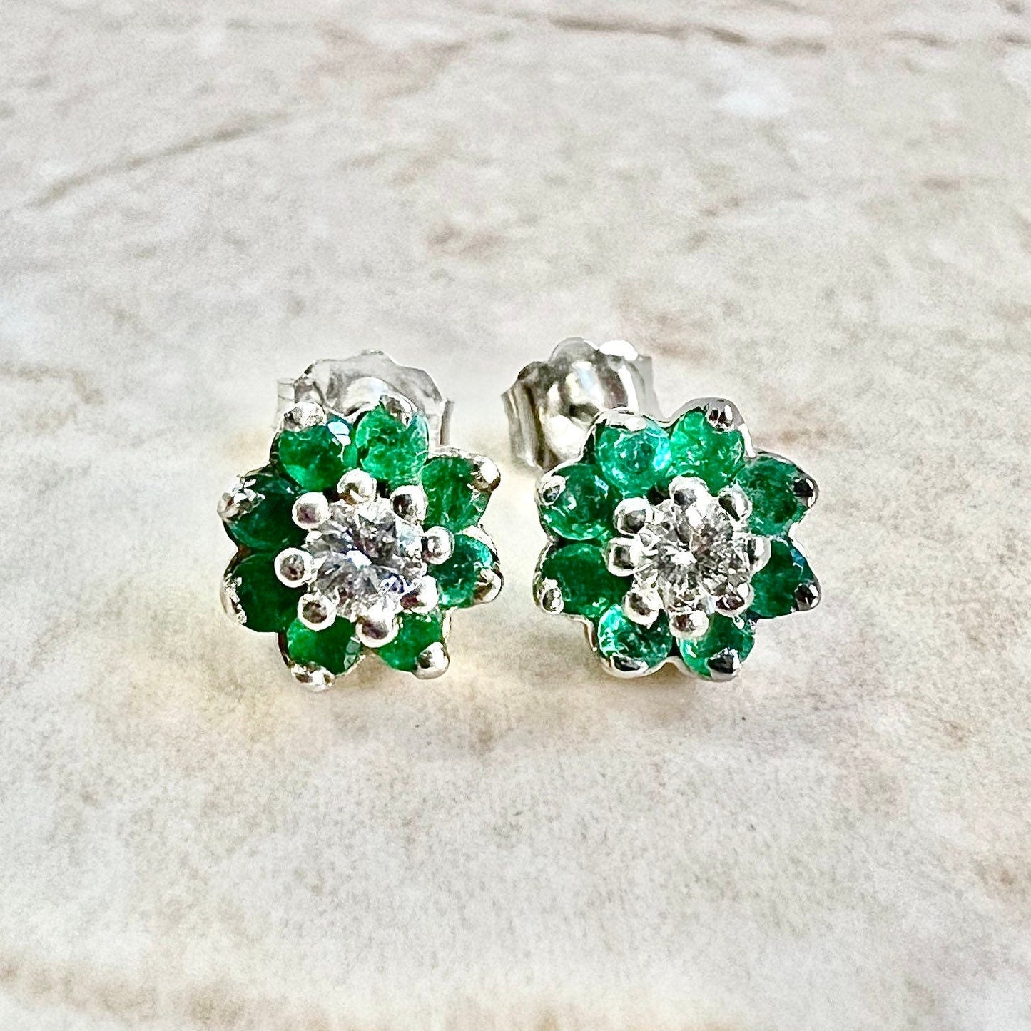 14K Round Diamond & Emerald Halo Stud Earrings - 14K White Gold Emerald Studs - Emerald Halo Earring - Diamond Studs - Diamond Earrings