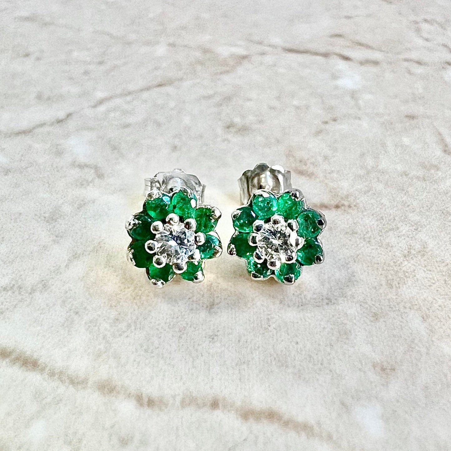 14K Round Diamond & Emerald Halo Stud Earrings - 14K White Gold Emerald Studs - Emerald Halo Earring - Diamond Studs - Diamond Earrings