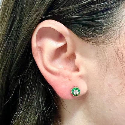 14 Karat White Gold Emerald & Diamond Halo Stud Earrings