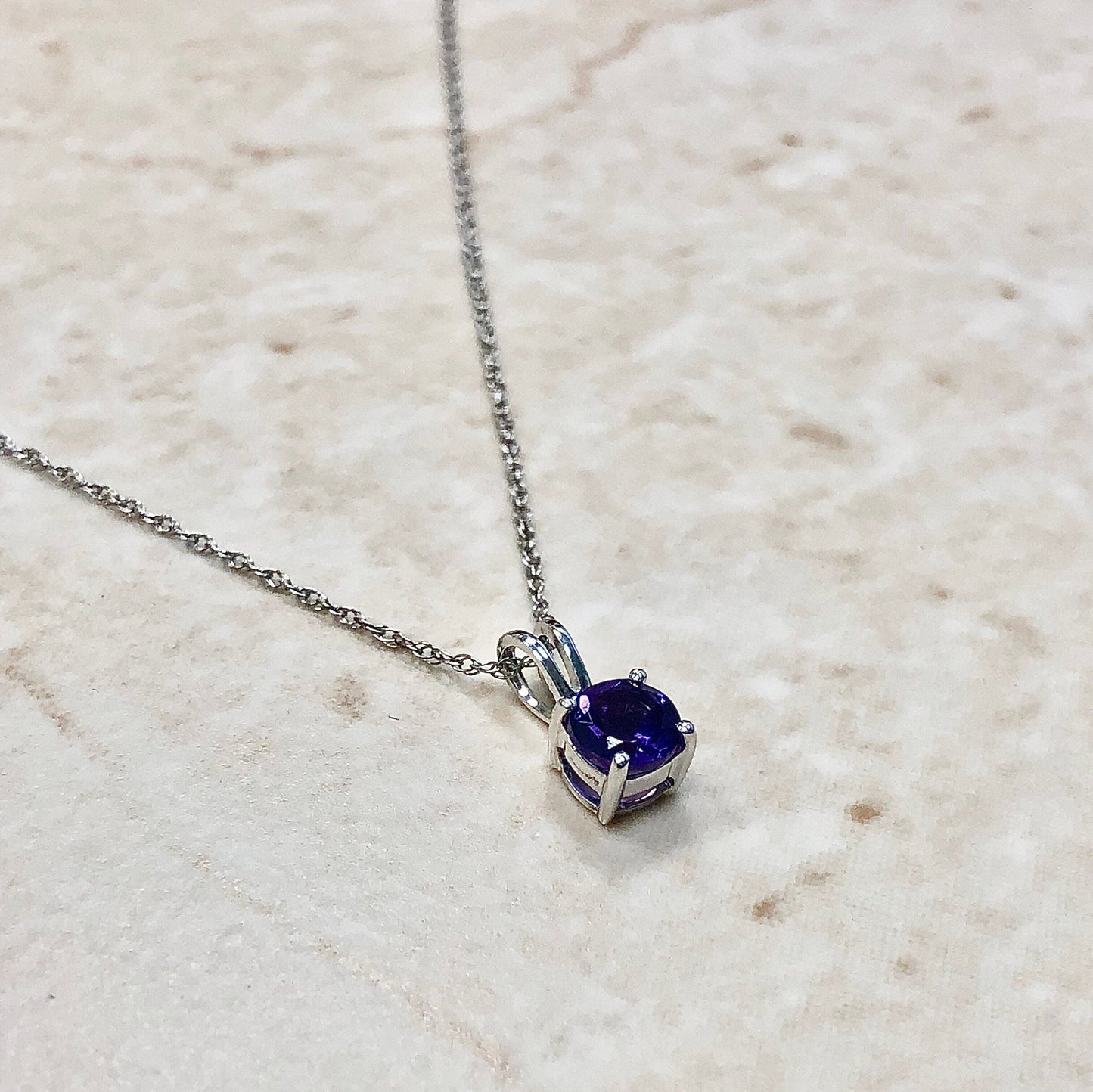 Round Amethyst Pendant Necklace - 14 Karat White Gold - February Birthstone - Genuine Gemstone - 18” Chain - Birthday Gift