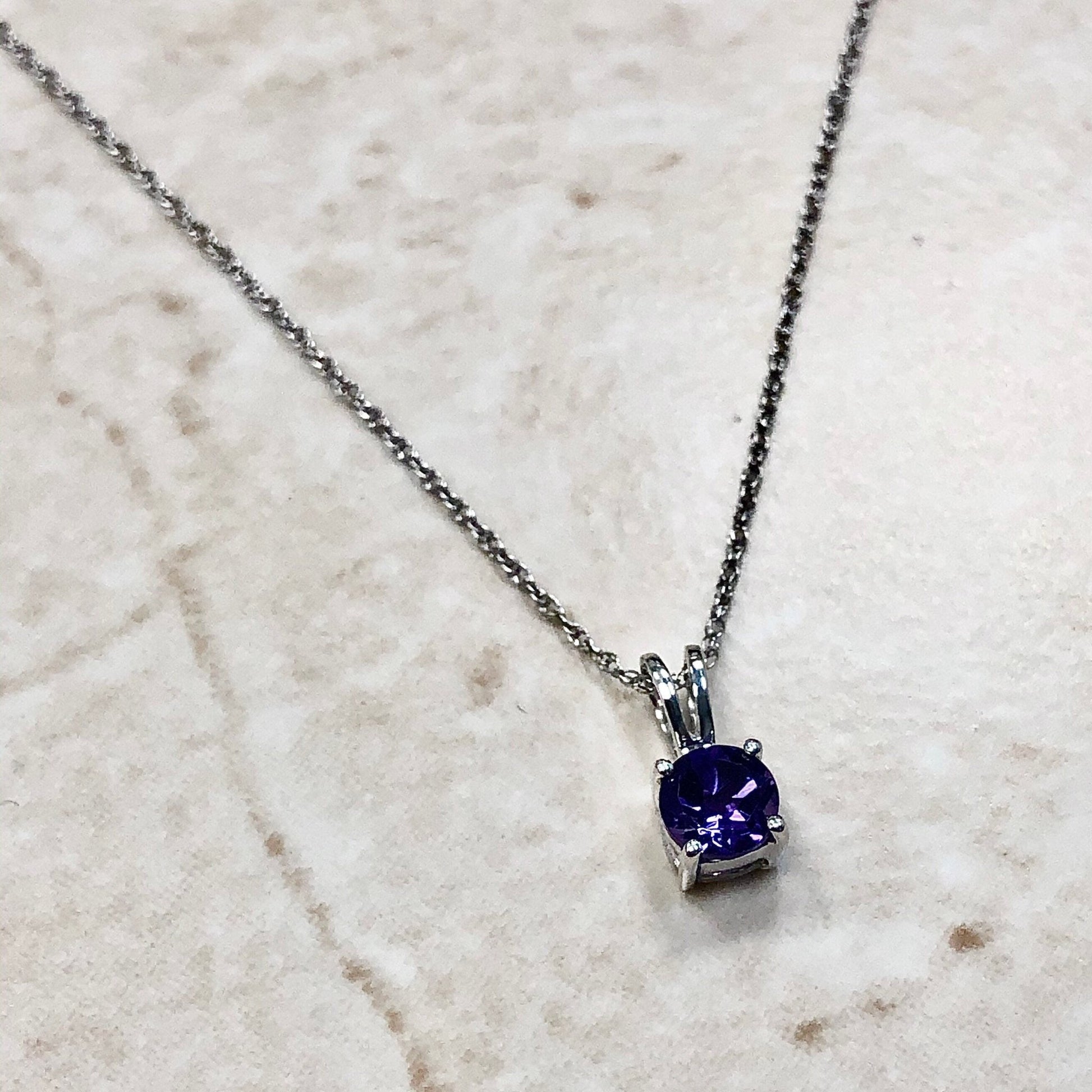 Round Amethyst Pendant Necklace - 14 Karat White Gold - February Birthstone - Genuine Gemstone - 18” Chain - Birthday Gift