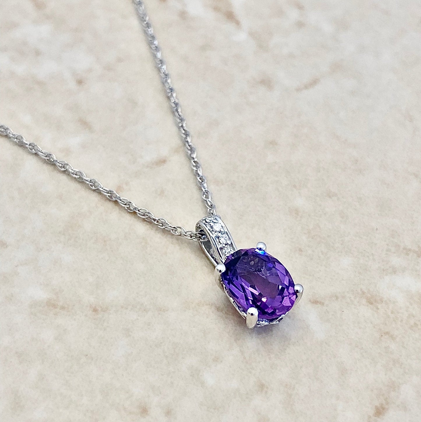 14 Karat White Gold February Birthstone Oval Amethyst & Diamond Pendant Necklace